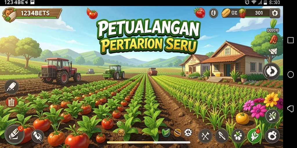 Tampilan gameplay seru dari 1234BETS yang menunjukkan aktivitas bertani.