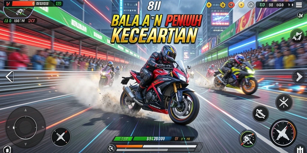Screenshot gameplay 8II menampilkan aksi balapan motor yang mendebarkan.