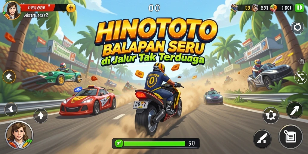 Screenshot gameplay HINOTOTO dengan aksi balapan yang mendebarkan.