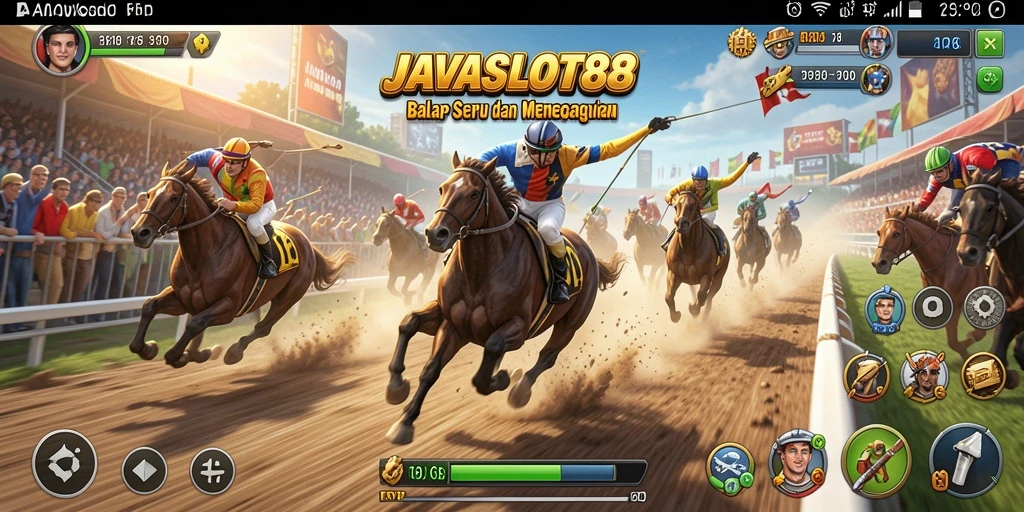 Tampilan utama gameplay <strong>JAVASLOT88</strong> menunjukkan aksi balapan yang seru dan mendebarkan.