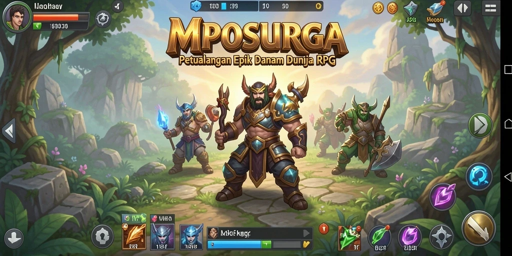 Screenshot MPOSURGA menunjukkan pertarungan epik dalam dunia RPG.