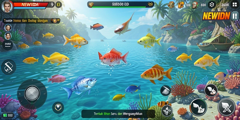 Gameplay seru Tembak Ikan di NEWIDN dengan ikan berwarna-warni.