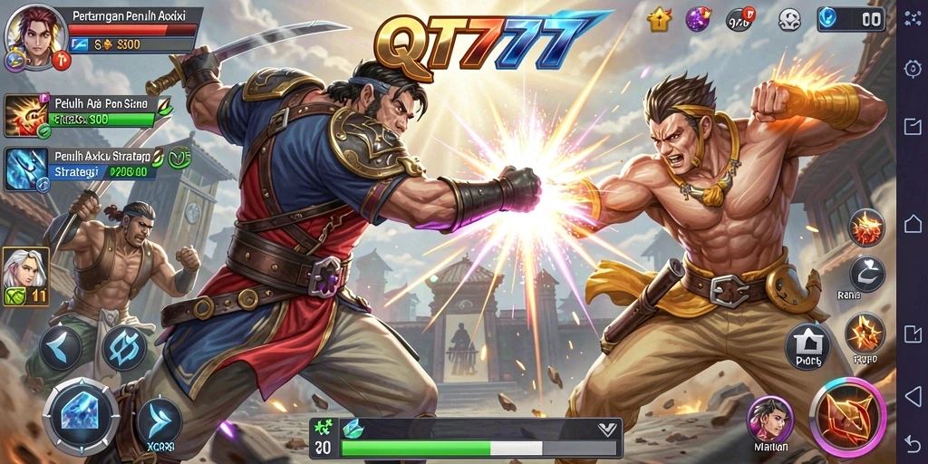 Screenshot permainan QT777 menampilkan aksi pertarungan intens.