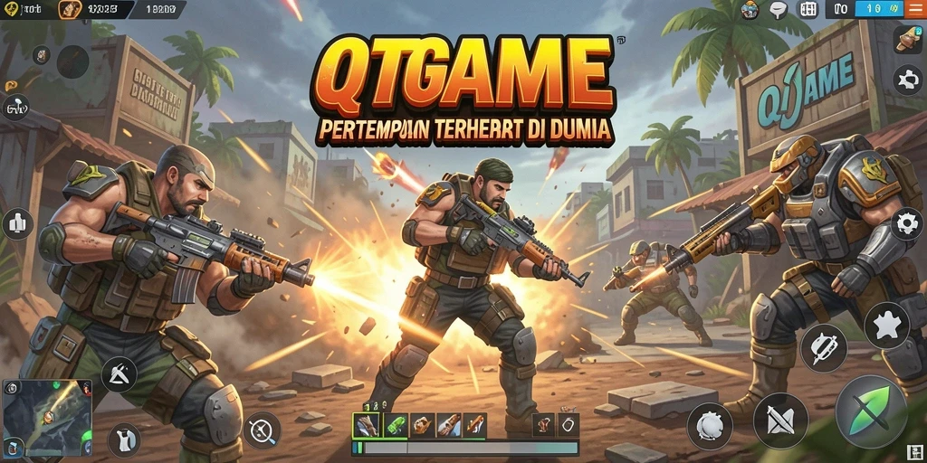 Tangkapan layar QTGAME menampilkan aksi seru dalam Battle Royale.
