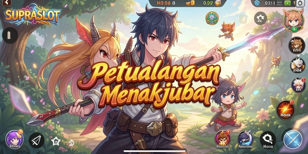 Screenshot gameplay SUPRASLOT yang penuh warna dengan karakter Anime.